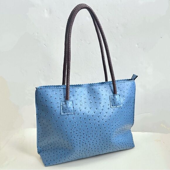 Milan Chiva Tote Bag Large Ostrich Shoulder Handbags Top Handle Zipper Blue - Picture 3 of 15